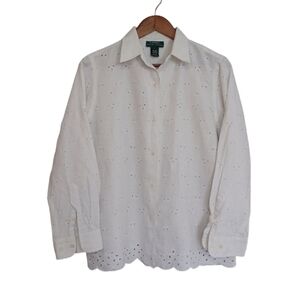 Ralph Lauren Women's Eyelet White Casual Button Down Shirt with Classic Collar